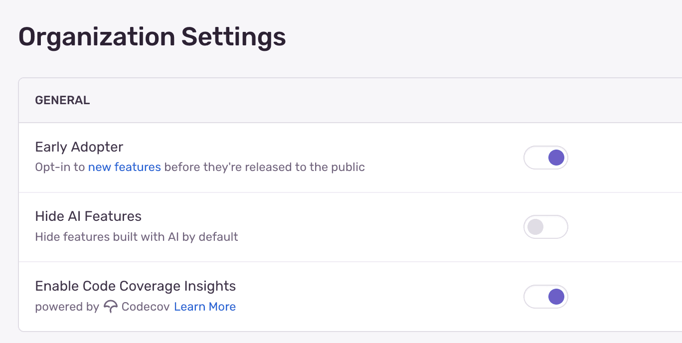 Screnshot of the Organization Settings page, showing how "Hide AI Features" is disabled